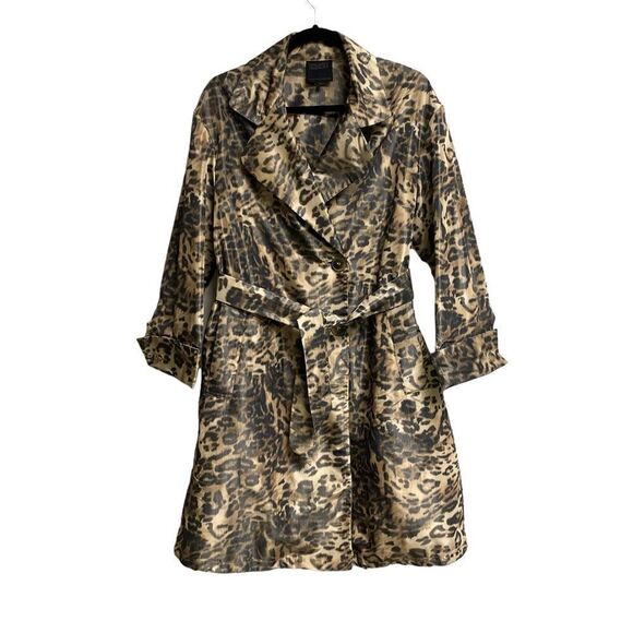 HILARY RADLEY Leopard Print Button Front Trench Coat Belt Tan Black 6 - Picture 1 of 6